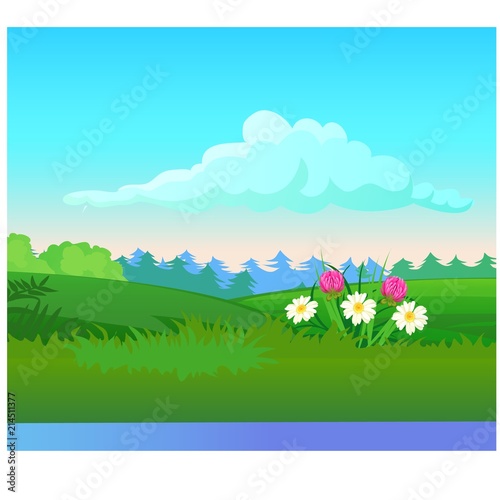 Landscape with coniferous forest on the horizon and flowering meadow. Vector cartoon close-up illustration.