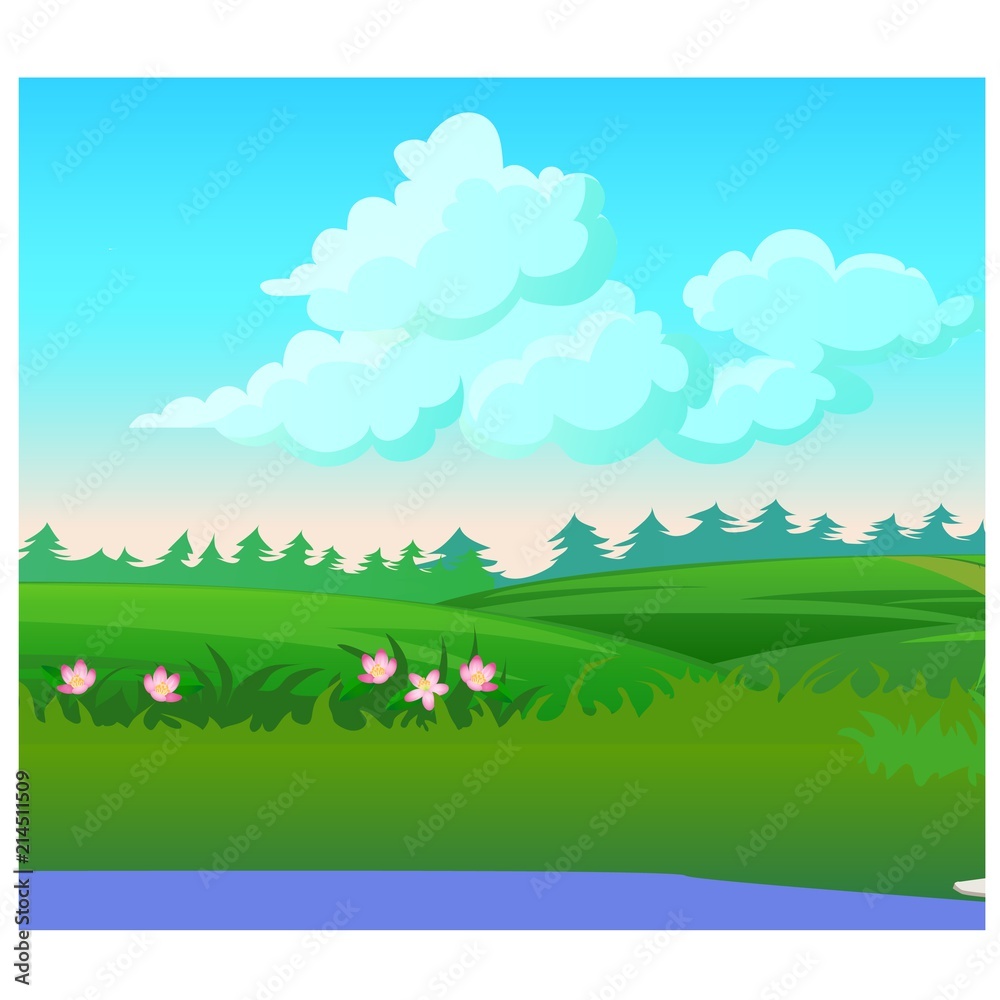 Landscape with coniferous forest on the horizon and flowering meadow. Vector cartoon close-up illustration. Landscape with coniferous forest on the horizon and flowering meadow. Vector cartoon close-up illustration.