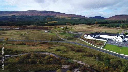 Aerial Panning of a Distillery and Farmland in Dalwhinnie Scotland photo