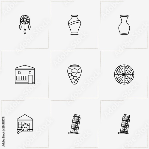 Culture line icon set with brooch , pisa tower and pizza