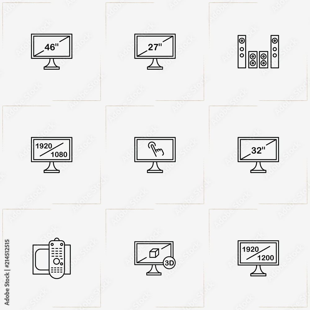 Tv line icon set with home cinema loudspeakers , television and television remote Tv line icon set with home cinema loudspeakers , television and television remote