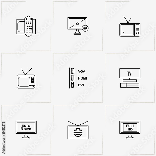 Tv line icon set with television, television remote  and television ports