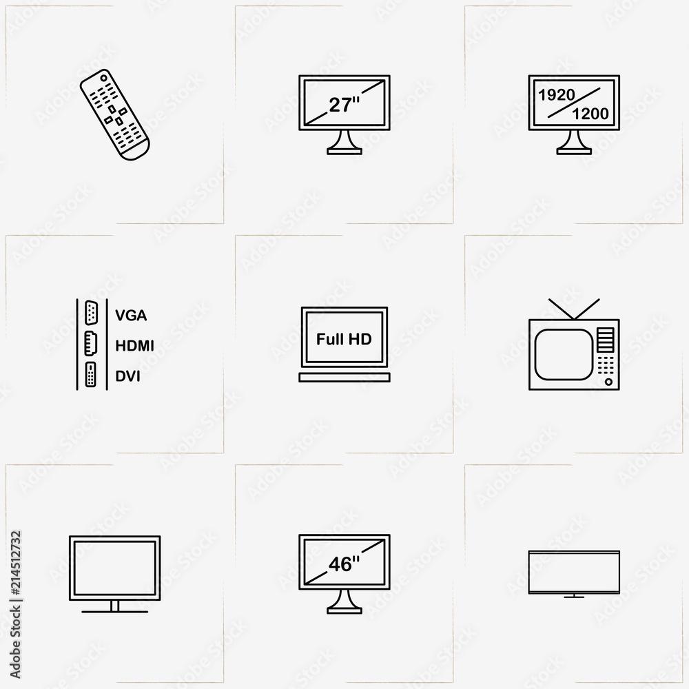 Tv line icon set with television remote , television and television ports Tv line icon set with television remote , television and television ports