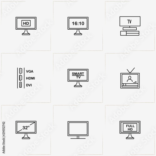 Tv line icon set with television and television ports