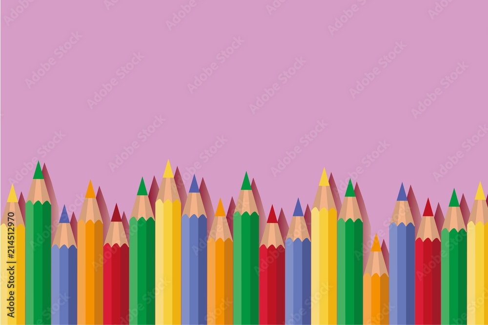 Colored pencils on a pink background, copy space. Vector illustration. Colored pencils on a pink background, copy space. Vector illustration.