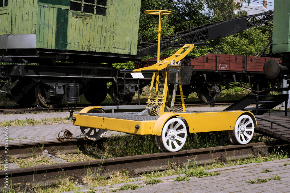 Old historical train. Metal locomotive construction.