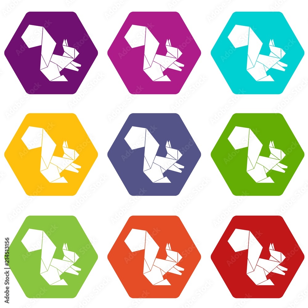 Origami squirrel icons 9 set coloful isolated on white for web