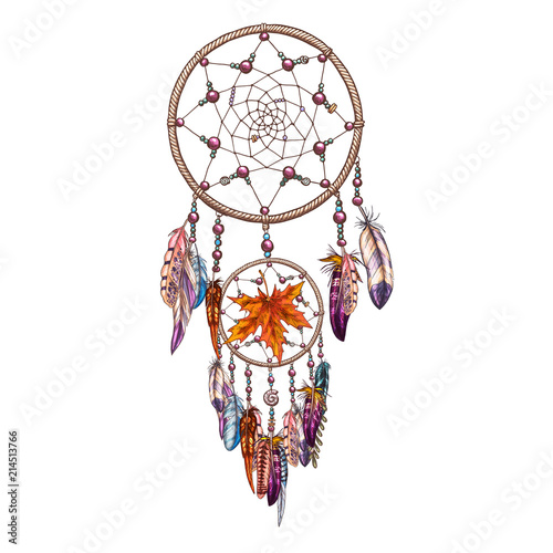 Hand drawn ornate Dreamcatcher with feathers and autumn leaves. Magic symbol, ethnic tribal element. Vector illustration.