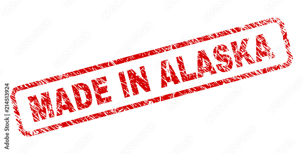 MADE IN ALASKA stamp seal imprint with scratced style. Red vector rubber print of MADE IN ALASKA text with unclean texture. Text label is placed inside rounded rectangle frame. MADE IN ALASKA stamp seal imprint with scratced style. Red vector rubber print of MADE IN ALASKA text with unclean texture. Text label is placed inside rounded rectangle frame.