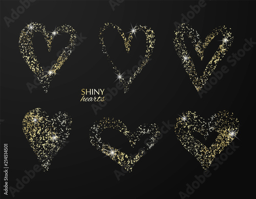 Set of hand drawn hearts with golden glitter. Vector design element for invitations, brochures, banners and other photo