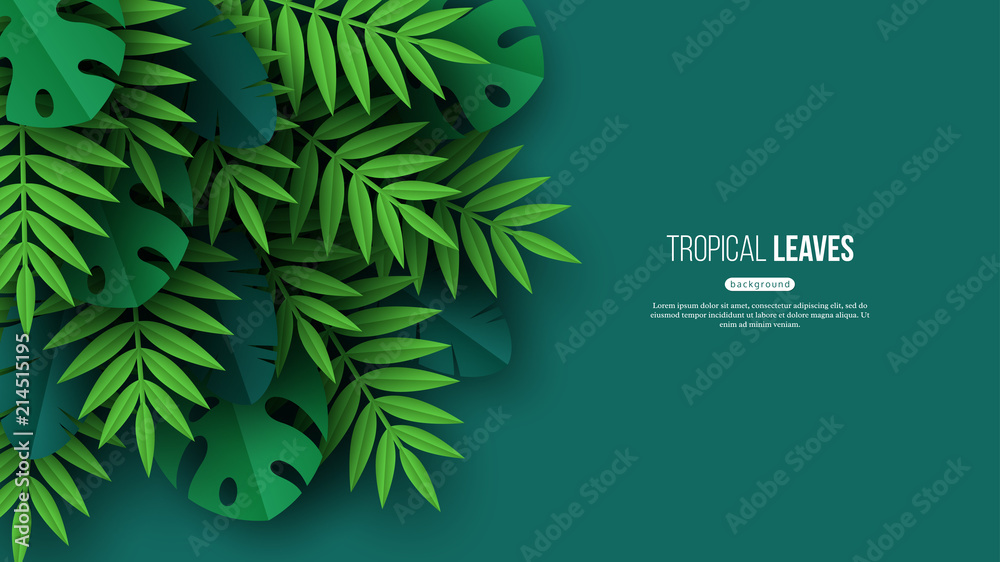 Naklejka premium Tropikalne liście palmowe egzotycznej dżungli. Lato kwiatowy wzór z zielonym kolorem tła. Ilustracji wektorowych.