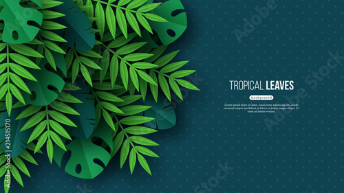 Exotic jungle tropical palm leaves. Summer floral design with dotted dark turquoise color background. Vector illustration.