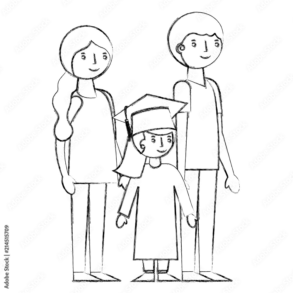 smiling parents and daughter graduate girl vector illustration sketch