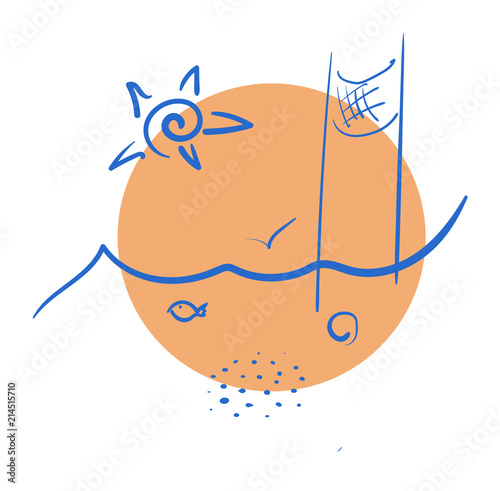 Beach illustration with volleyball net, sun and line of the sea