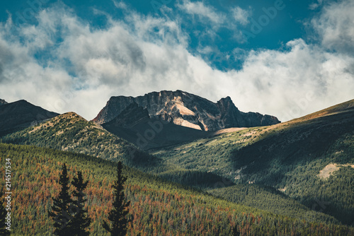 Golden sunrise over Pyramid Mountain at Pyramid Lake in Jasper National Park, Alberta, Canada.