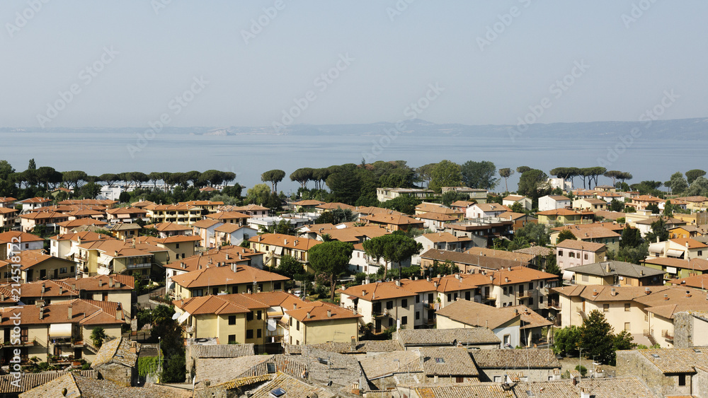 Houses and Lake Bolsena, near Bolsena, Italy