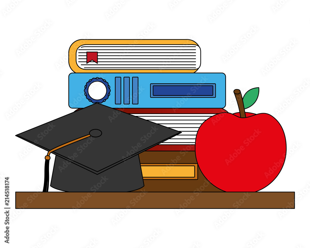hat graduation with books and apple vector illustration design