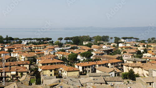 Houses and Lake Bolsena, near Bolsena, Italy