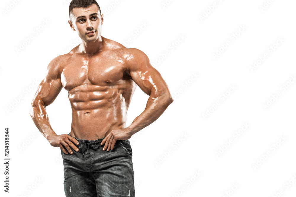 Brutal strong muscular bodybuilder athletic man pumping up muscles on white background. Workout bodybuilding concept. Copy space for sport nutrition ads.