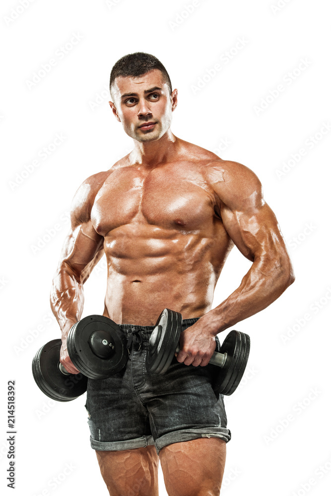 Brutal strong muscular bodybuilder athletic man pumping up muscles with dumbbell on white background. Workout bodybuilding concept. Copy space for sport nutrition ads.