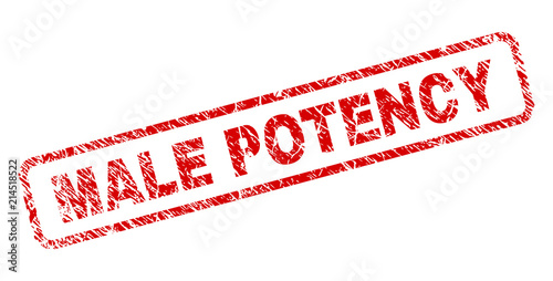 MALE POTENCY stamp seal watermark with scratced style. Red vector rubber print of MALE POTENCY text with scratched texture. Text label is placed inside rounded rectangle frame.