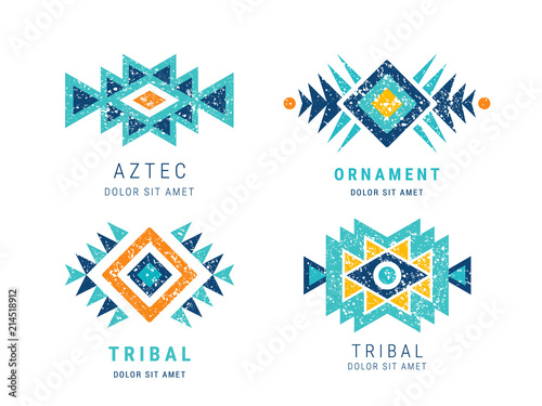 Colorful Aztec style ornamental geometric logo set. Indian ornate design. Tribal decorative templates. Ethnic ornamentation. Grungy shabby chic hipster texture. EPS 10 vector illustration.