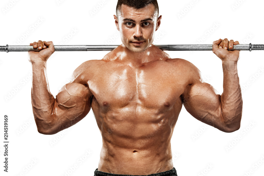 Brutal strong muscular bodybuilder athletic man pumping up muscles with barbell on white background. Workout bodybuilding concept. Copy space for sport nutrition ads. Brutal strong muscular bodybuilder athletic man pumping up muscles with barbell on white background. Workout bodybuilding concept. Copy space for sport nutrition ads.