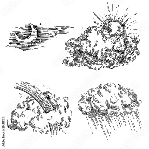 Vintage set of weather. Sun, clouds, moon, rain, rainbow and storm. Sketch. Engraving style. Vector illustration.