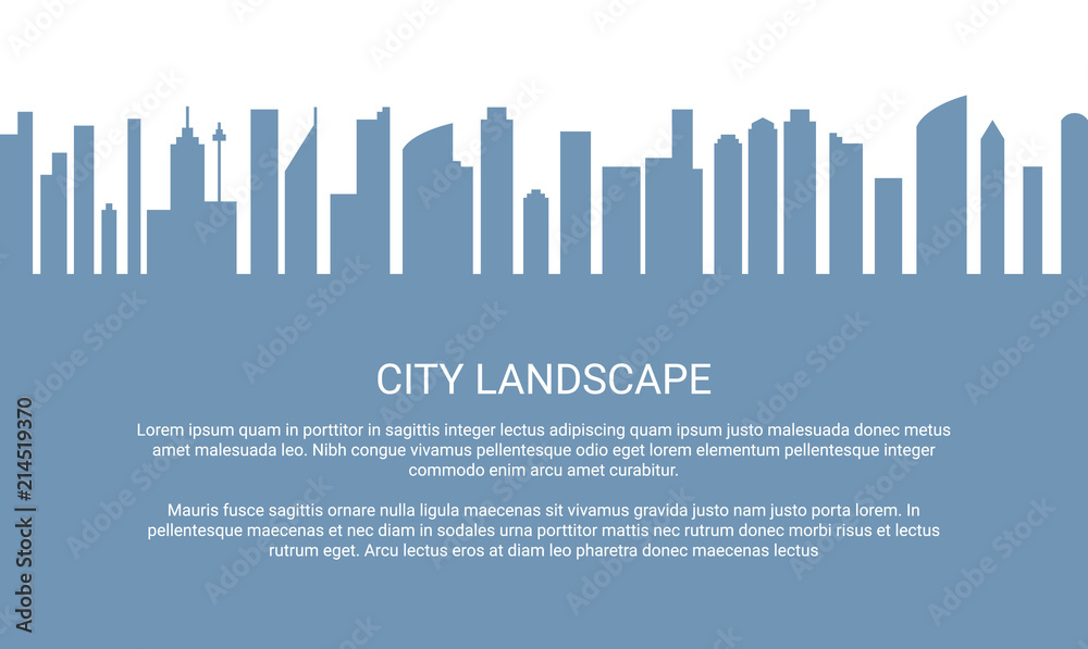 Cityscape flat style background set. Modern futuristic megalopolis architectural design concept skyline. Gray blue landscape backdrop. EPS 10 vector illustration. Isolated on white