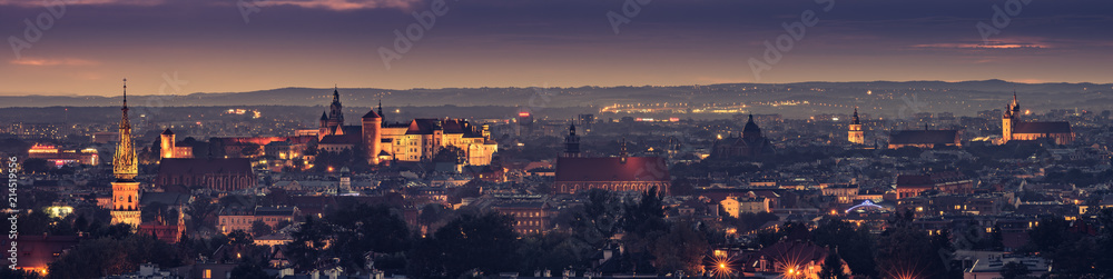 Krakow, Poland night panorama of historical old city