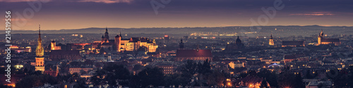 Krakow, Poland night panorama of historical old city