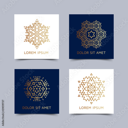 Vintage style blue and white flyer set inspired by sacred geometry. Blanks with golden sacral geometric occult cosmic signs. Line art logo design. Brochure pattern. Ornamental leaflet. EPS 10