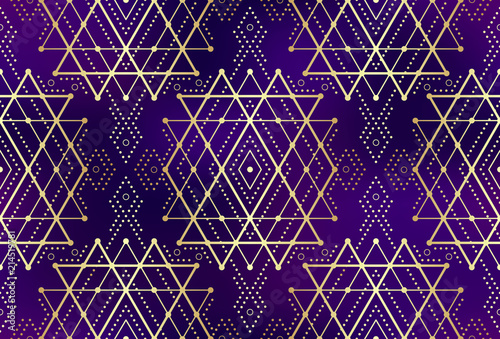 Gold violet seamless sacred geometry pattern. Golden sacral geometric occult cosmic line art signs for fabric prints, surface textures, cloth design, wrapping. EPS10 vector gradient mesh backdrop.  photo
