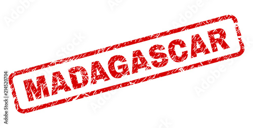 MADAGASCAR stamp seal print with grunge style. Red vector rubber print of MADAGASCAR text with unclean texture. Text title is placed inside rounded rectangle frame.