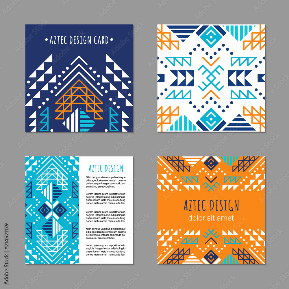 Aztec colorful square card template. American indian design. Tribal decorative pattern. Ethnic ornate background. Vintage style flyer. EPS 10 vector brochure set. Aztec colorful square card template. American indian design. Tribal decorative pattern. Ethnic ornate background. Vintage style flyer. EPS 10 vector brochure set.