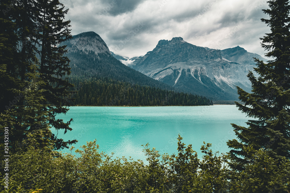 Emerald Lake in Canadian Rockies with mountains and lake and trees. Concept of active vacation and tourism.
