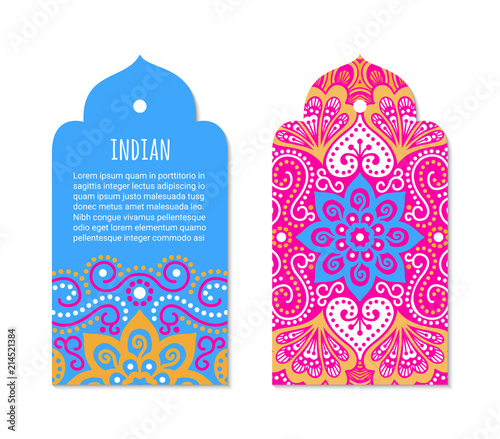 Indian badge set with bright colorful mehendi mandala ornament. Ethnic arabian ornamental label. Oriental tag design concept. Asian brochure template. Eastern style. EPS 10 vector. 