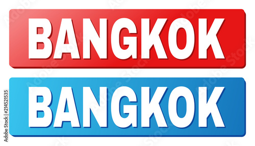 BANGKOK text on rounded rectangle buttons. Designed with white caption with shadow and blue and red button colors.