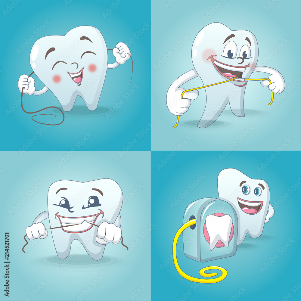 Floss dental brushing detailed teeth icons set. Cartoon illustration of ...