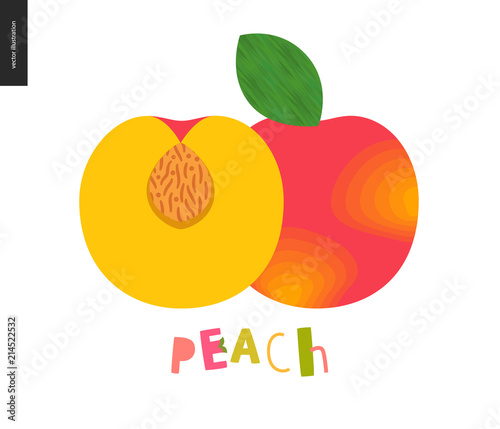 Food patterns - fruit, vector flat illustration of peach- simple half of peach fruit full of firm yellow pulp, orange rind, nude seed, and lettering. Perfect for t-shirt, bag, other textile decoration
