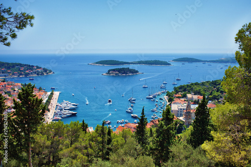 Hvar town and the harbor framed by foliage in Croatia