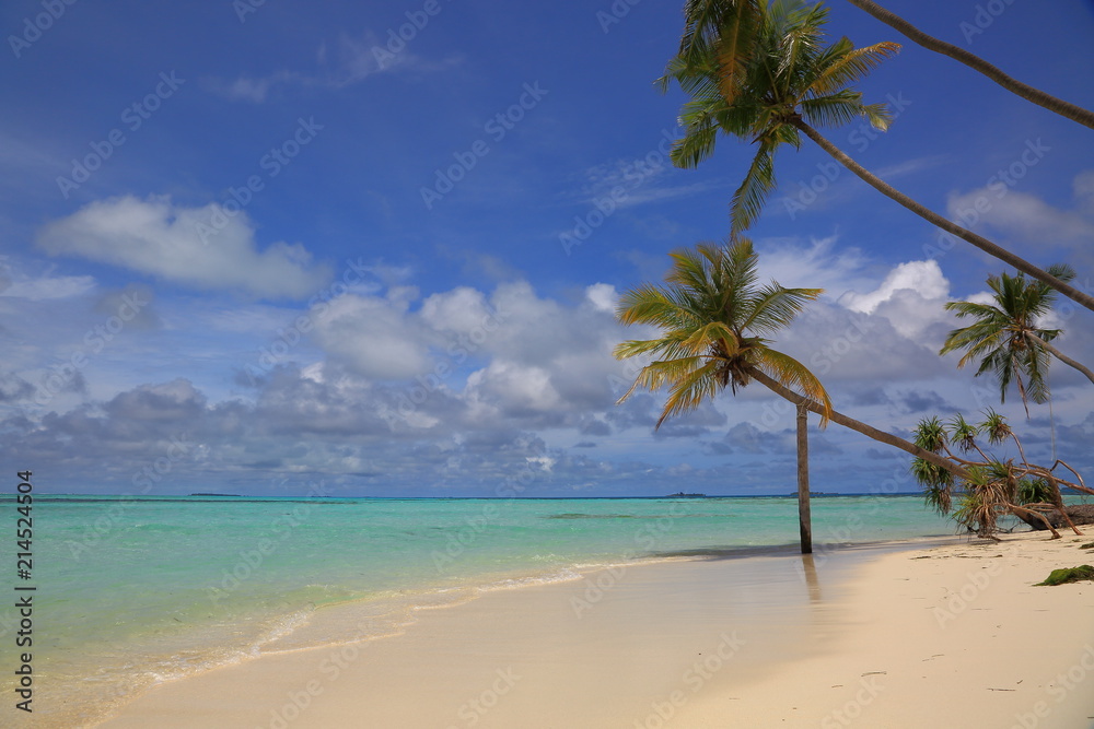 Gorgeous view of Indian Ocean, Maldives. White sand beach, turquoise water, blue sky and white clouds. Beautiful background.