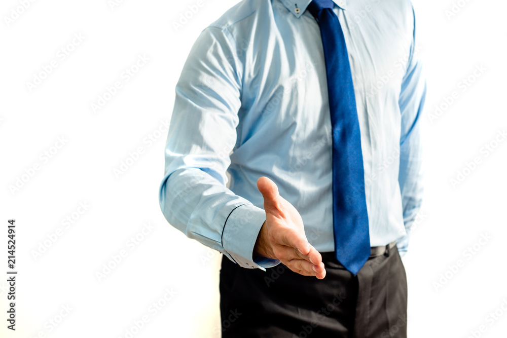 Man, male, businessman give helpfull hand isolated on white light background, Welcome. - obrazy, fototapety, plakaty 