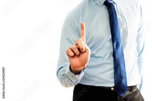 Businessman or male wearing chemise with tie clicking by his finger in front of camera. Isolated on white background.