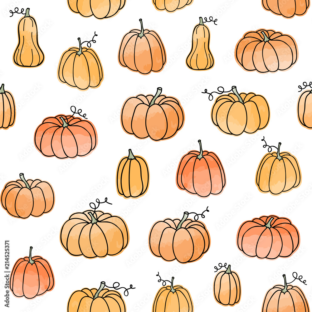 Seamless vector pattern with pumpkins on a white background.