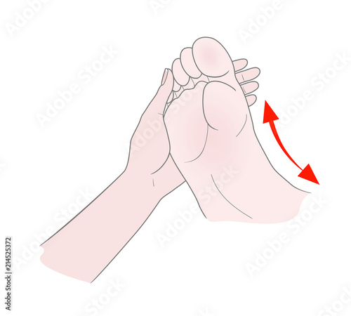 Foot massage. Bunion.  Hallux valgus or bunion formation of the foot. Female hands massage the foot. Kneading and prevention of diseases of the bones of the thumb. Vector illustration