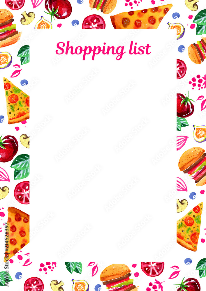 Shopping list template with watercolor illustration of assorted food. Design for print notebooks and daily planner