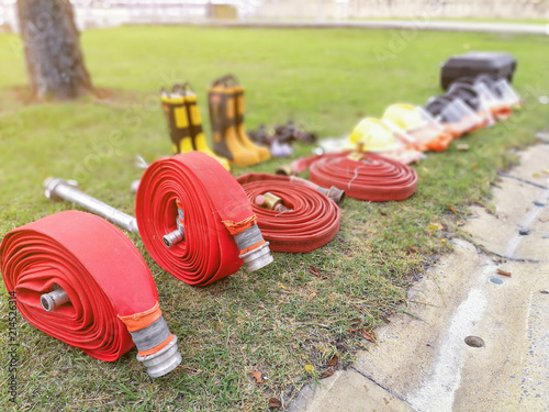 Firefighters tools fire extinguisher and hose, accessories and equipment for fire fighting