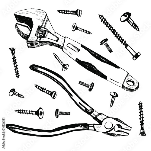 Vector hand drawn illustration with adjustable wrench, screws and pilers on white background