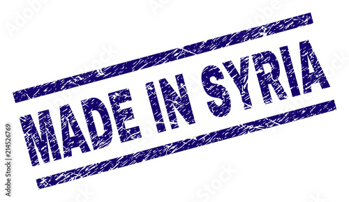 MADE IN SYRIA stamp seal watermark with grunge style. Blue vector rubber print of MADE IN SYRIA text with corroded texture. Text title is placed between parallel lines.